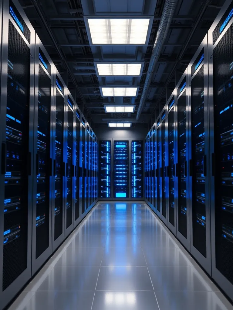 High-tech server room with glowing blue status lights, clean