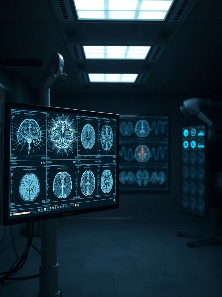 High-tech medical diagnostic monitor showing neural network