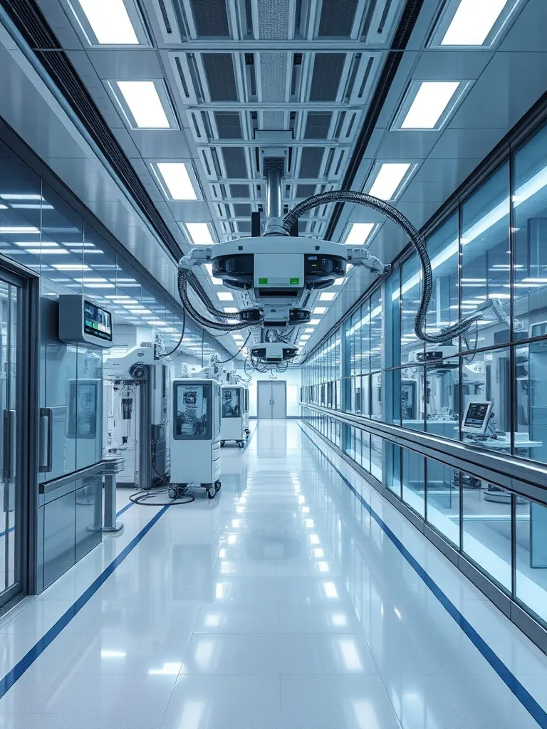 Modern hospital corridor with automated robotic delivery sys