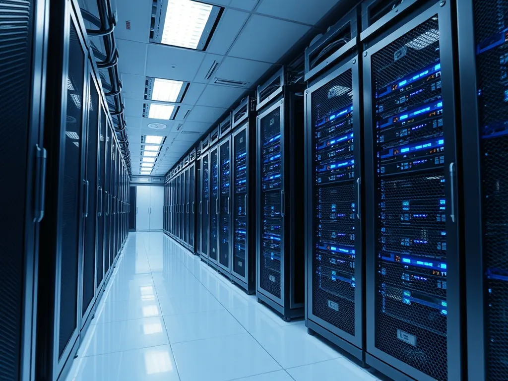 High-tech medical server room with steel racks and blue LED