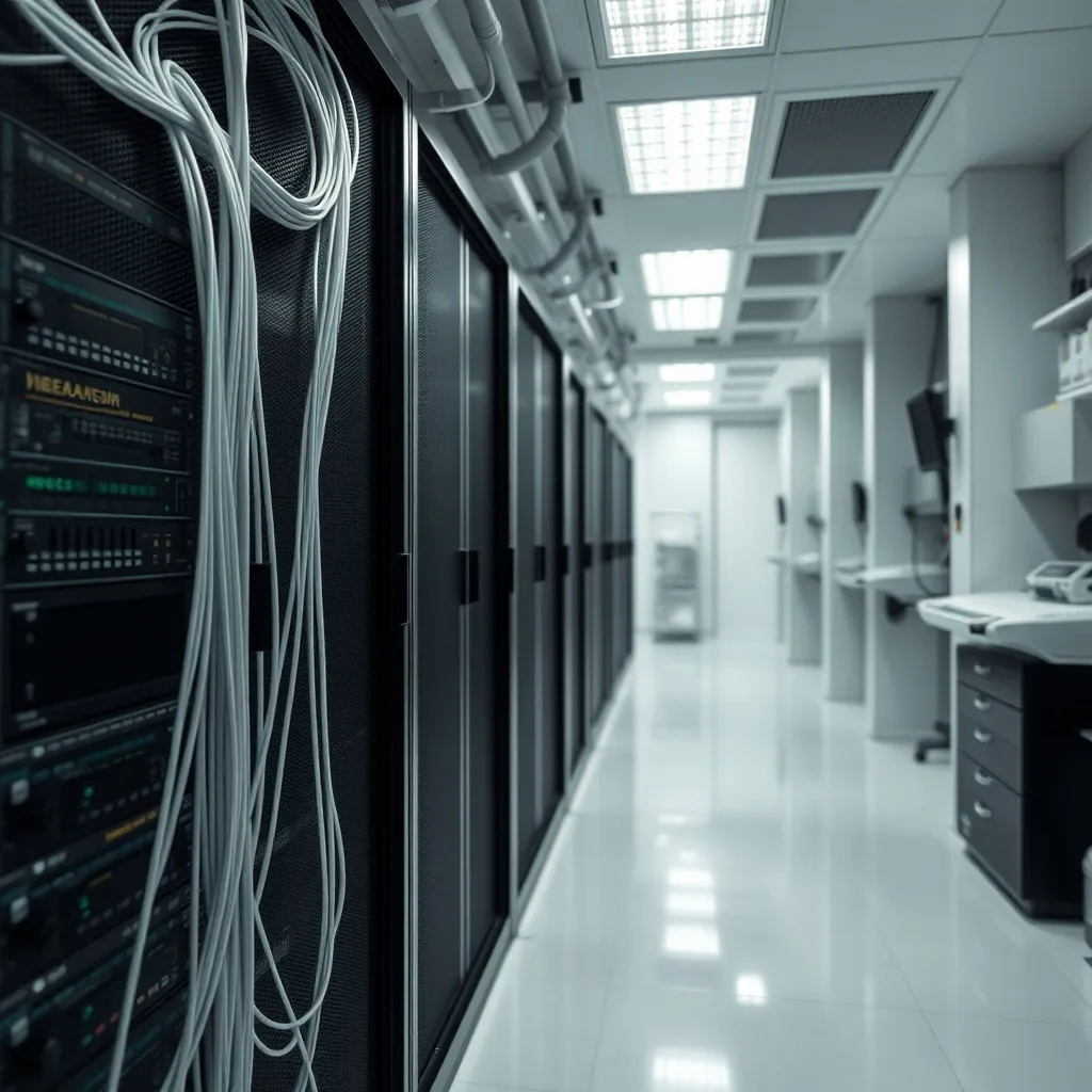 Professional medical telecommunication server room with fibe